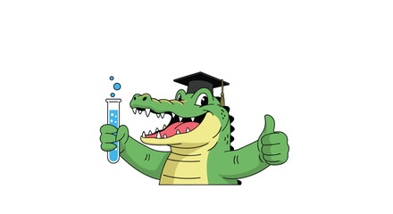 An enthusiastic alligator wearing a graduation cap gives a thumbs up while holding a test tube with bubbling liquid in it.