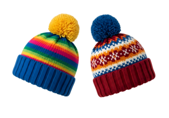 Two colorful knitted winter hats with pom poms isolated on transparent background