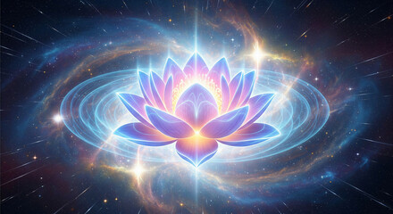 Fototapeta premium Radiant Lotus Flower Forming Inside Glowing Nebula Symbolizing Enlightenment Purity and Spiritual Awakening JPG