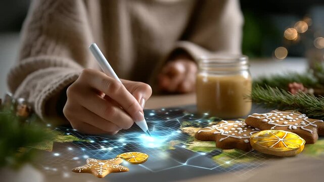 Anonymous artist's hands drawing with blurred figure and crystal clear vector pattern of gingerbread and citrus visible, with copy space