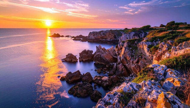 A breathtaking sunset paints the sky in vibrant hues of orange, pink, and purple over a rugged, rocky coastline and the serene ocean.