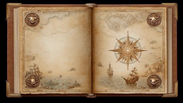 Ancient map exploration with turning pages reveals detailed compass and maritime imagery