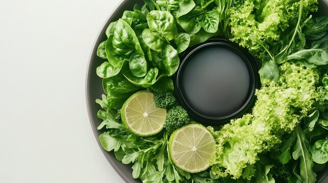 Fresh green salad ingredients with lime and broccoli arranged in a bowl. - Powered by Adobe