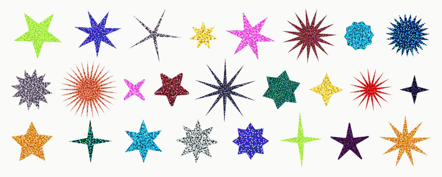 Glitter star stickers in multicolor palette. Sparkling sequin confetti texture with foil shine. Vector design for scrapbooking, crafts, party invitations, and christmas decor.
