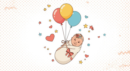 A precious new baby is celebrated with balloons and stars. This adorable illustration captures the joy of welcoming a little one into the world.
