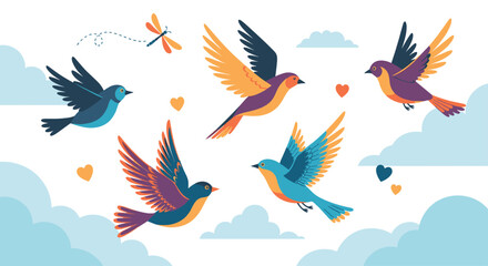 A flock of colorful birds gracefully soaring through a cloudy sky surrounded by small hearts and a dragonfly.