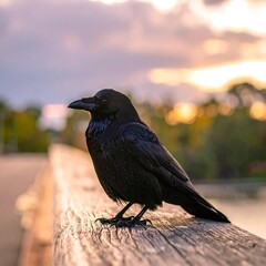 Crow Perched on Wooden Railing at Sunset - A Moment of Serenity.