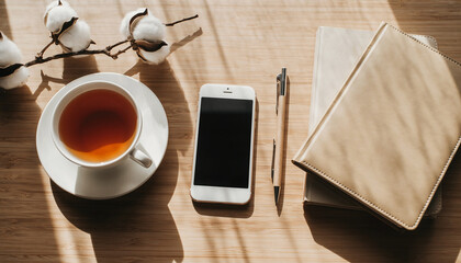 Cozy Workplace Setup Tea, Smartphone, and Notebooks on a Wooden Table, Perfect for Creative Inspiration and Digital Productivity
