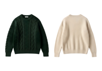 Two sweaters one fair isle pattern and one green v neck isolated on transparent background
