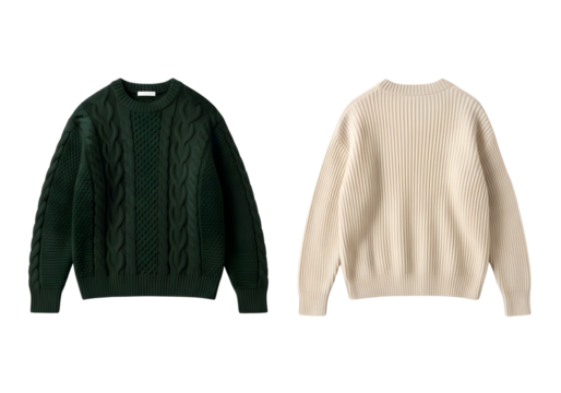 Two sweaters one fair isle pattern and one green v neck isolated on transparent background