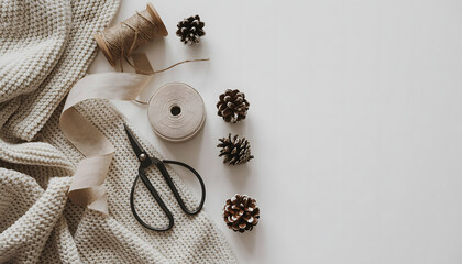 Cozy autumn flat lay with a warm knitted blanket, rustic pine cones, vintage scissors, and spools of ribbon and twine for creative DIY gift wrapping or holiday crafts