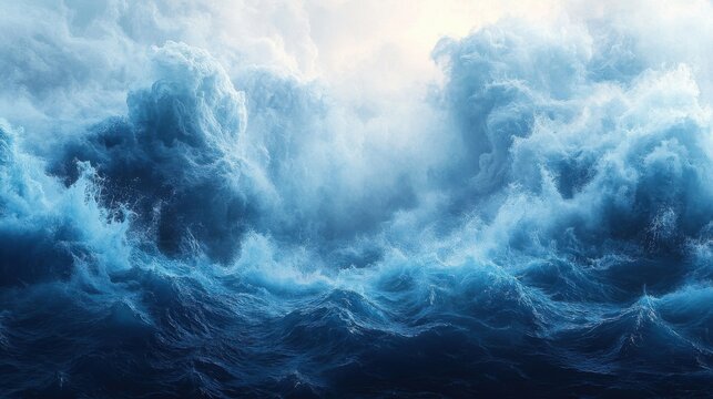 Rendered ocean waves surge and foam under a cloudy, illuminated sky, depicting a stormy sea