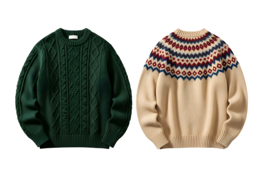 Two sweaters one fair isle pattern and one green v neck isolated on transparent background