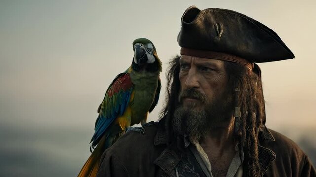 A weathered pirate with a parrot on his shoulder, ready for adventure