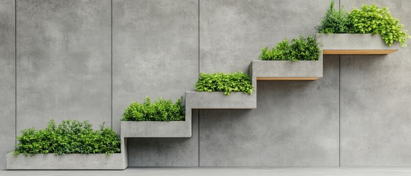 Concrete wall with cascading planters filled with lush green plants in a vertical urban garden setup.