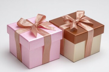 Obraz premium Two square gift boxes, pink and brown, tied with ribbons