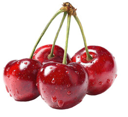 Close-up of three ripe cherries, glistening with water droplets (1)