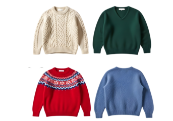 Collection of various knit sweaters isolated on transparent background