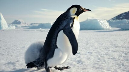 A penguin and chick walk across snow and ice, a beautiful scene of wildlife and nature.