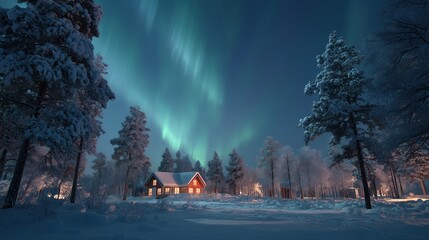 aurora borealis in wintery  scenery with a cottage