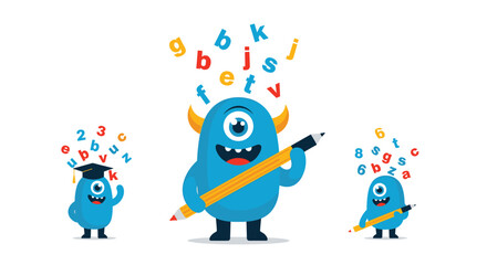 Fun cartoon monsters learning and writing with letters and numbers for education.