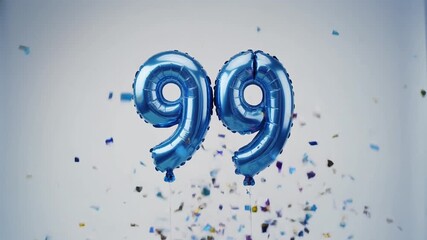 Blue balloon number 99 for birthday or anniversary party. White background with falling confetti