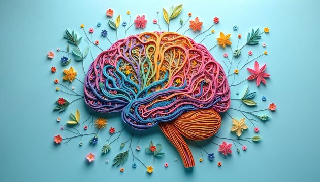 Artistic illustration of human brain with colorful paper art. Brain is decorated with floral elements representing neural connections. Concept art for mental health awareness mindfulness, psychology.