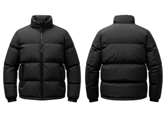Front and back view of a black puffer jacket isolated on transparent background