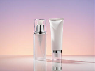 Flat lay cosmetic pump bottle and tube mockup sunset gradient background with vibrant colors