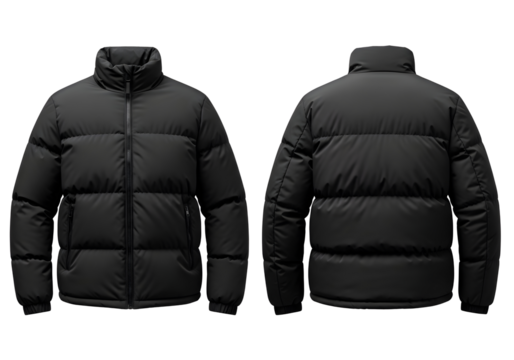 Front and back view of a black puffer jacket isolated on transparent background