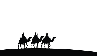 Vector illustration of three wise men kings riding on camels silhouette on white background