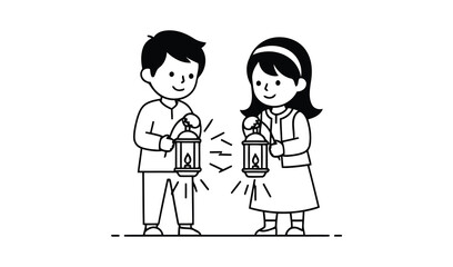 A boy and girl holding lanterns outline vector white background