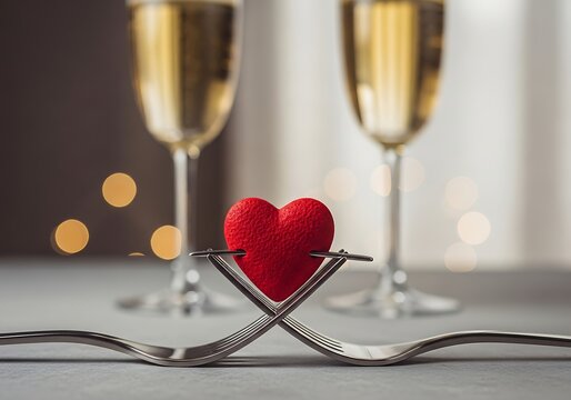 Romantic Valentine's Day dinner celebration with champagne and a heart centerpiece for a memorable and elegant evening of love and romance - Powered by Adobe