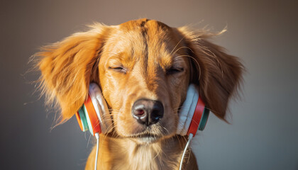  Dog listening to music through headphones