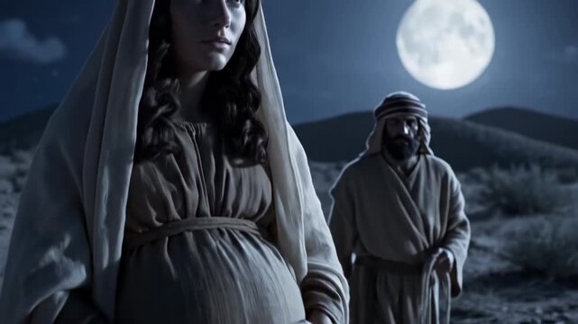 Virgin Mary gently touches her belly while sitting on a donkey led by Joseph during their journey to Bethlehem through the desert. Peaceful biblical nativity story. Christian faith concept