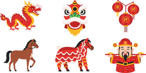 Chinese new year symbols and zodiac animals illustration
