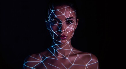 Woman face illuminated by network grid lines on black background. Data processing, cybersecurity, artificial intelligence concept. Innovative technology.