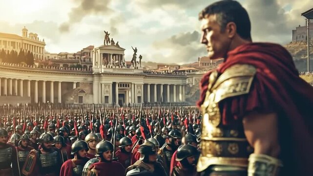 Soldier looks over ancient battlefield in a historic Roman setting
