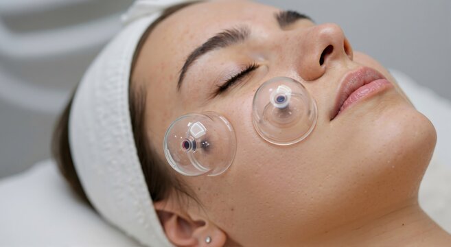 Woman receiving facial cupping therapy for skin rejuvenation. Cosmetology procedure for healthy skin and anti-aging at beauty salon.