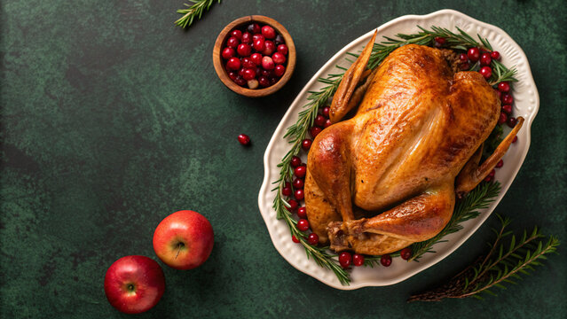 Elegant roasted turkey garnished with cranberries and rosemary, perfect for Thanksgiving or holiday feasts, ready for a festive celebration