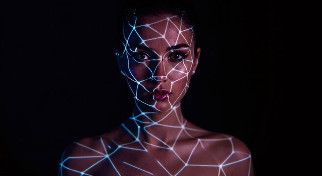 Woman face illuminated by network grid lines on black background. Data processing, cybersecurity, artificial intelligence concept. Innovative technology.