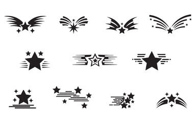 Dynamic Black Star Icon Set – Shooting Star, Wing, and Badge Vector Design