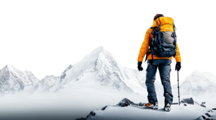 Mountain Climber on Peak with Gear on Transparent Background