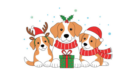 Three adorable beagle puppies celebrating a merry Christmas together with festive decorations and presents.