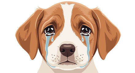 A sad puppy with tears streaming down its face looking directly at the camera.