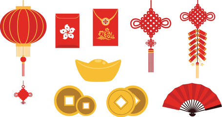Vibrant chinese new year decorations featuring lanterns coins and red envelopes