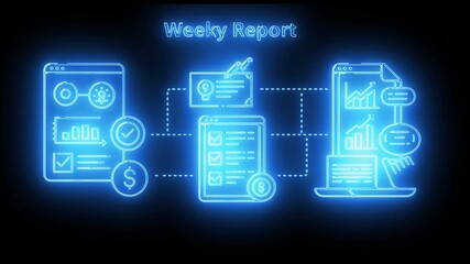 Blue neon weekly report workflow showing task list, analytics and progress tracking icons