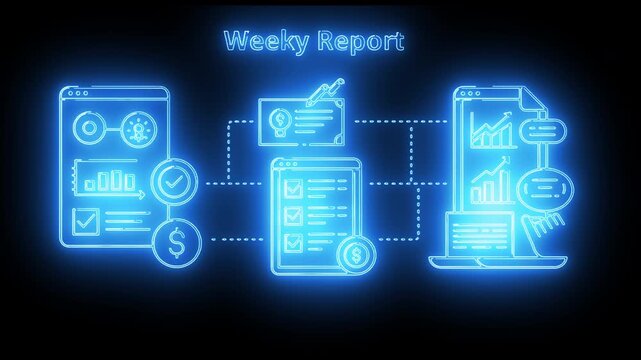 Blue neon weekly report workflow showing task list, analytics and progress tracking icons