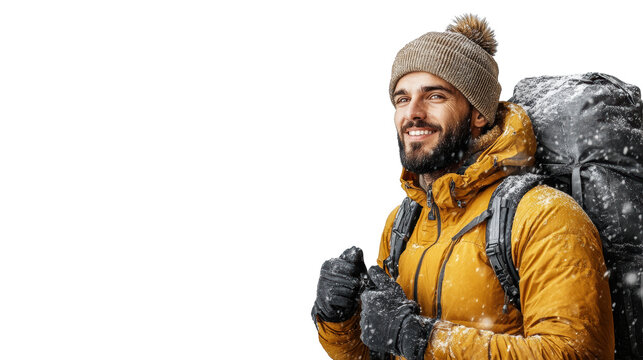 miling Traveler with Backpack in Snowy Mountains on Transparent Background