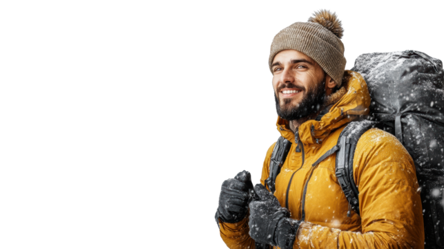 miling Traveler with Backpack in Snowy Mountains on Transparent Background